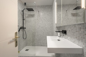 Shower, hair dryer, towels