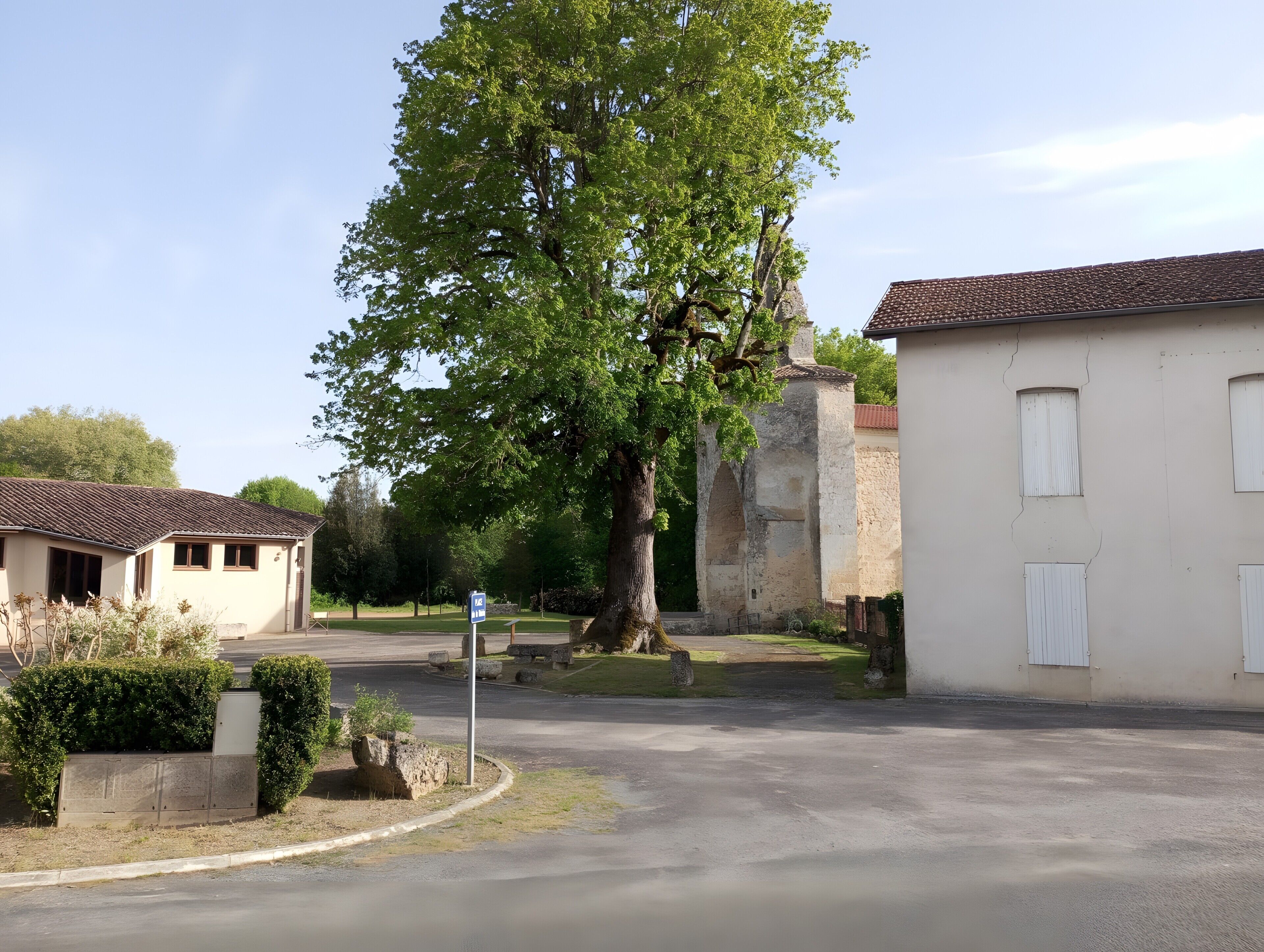 Eine ruhige Straße mit einem großen Baum, einem weißen Gebäude mit Ziegeldach und einer Steinmauer.