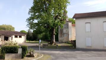 Eine ruhige Straße mit einem großen Baum, einem weißen Gebäude mit Ziegeldach und einer Steinmauer.