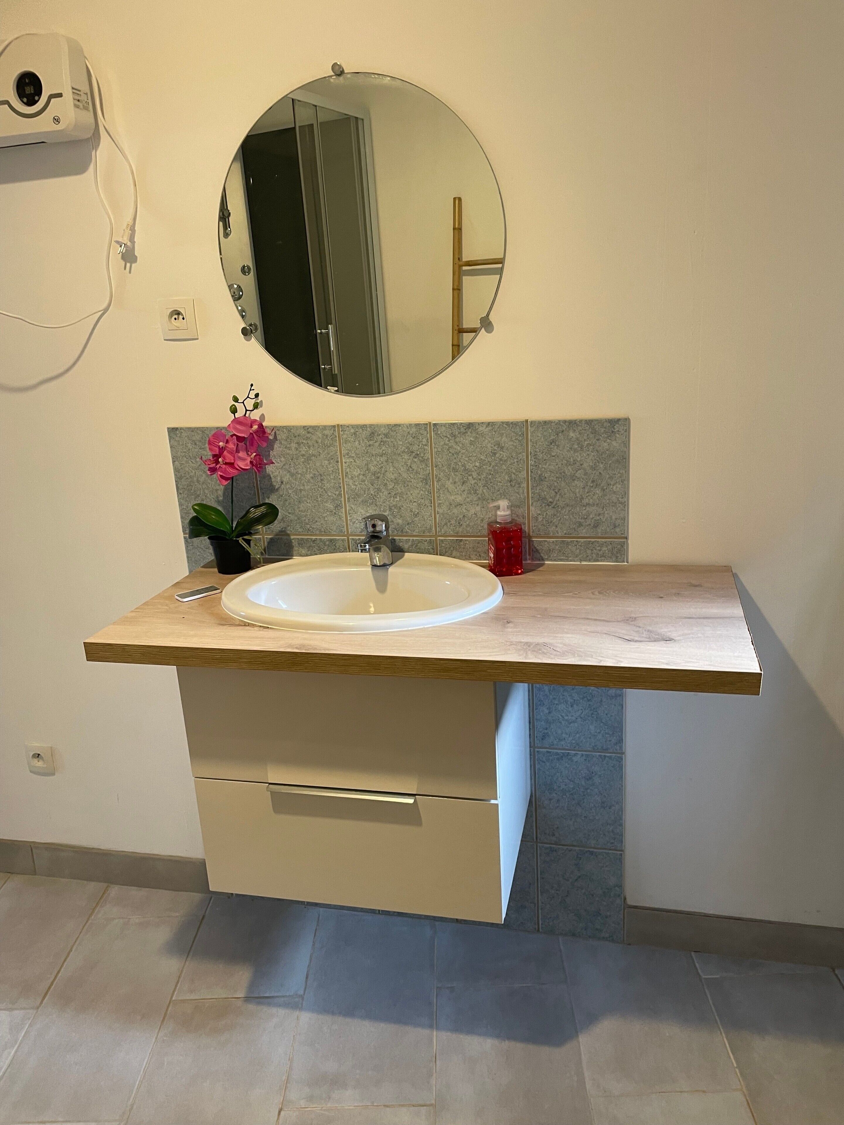 Un bagno con lavandino, specchio, orchidea in vaso e dispenser per sapone.