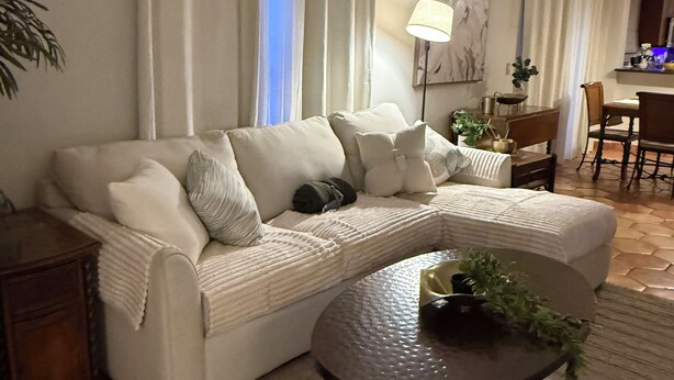 Een moderne woonkamer met een bank, een salontafel en een eethoek.