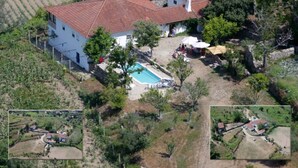 Una casa con piscina, rodeada de árboles y campos.
