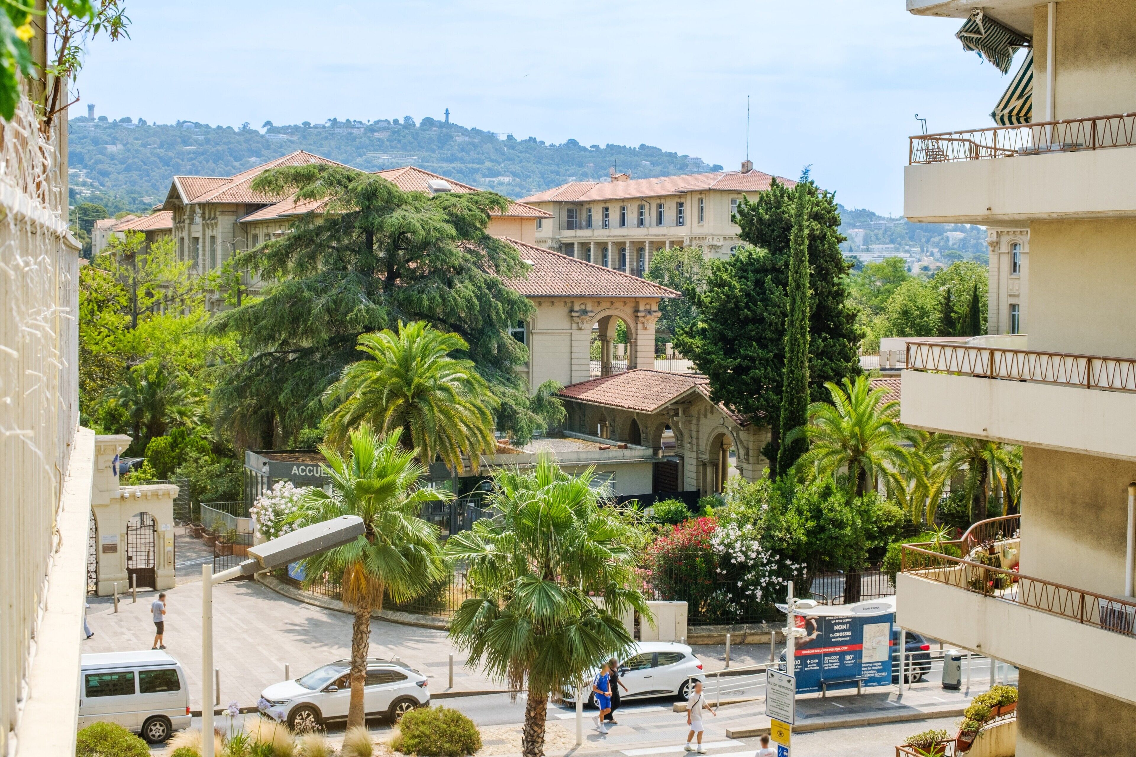 A residential area with buildings, palm trees, and a street.
