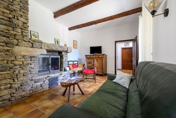 Ein gemütliches Wohnzimmer mit Kamin aus Stein, einem grünen Sofa, einem Holzkasten und einem Fernseher.