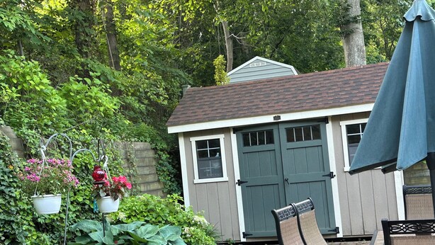 A covered patio area with a table and chairs, surrounded by lush greenery and a small shed with a green door.