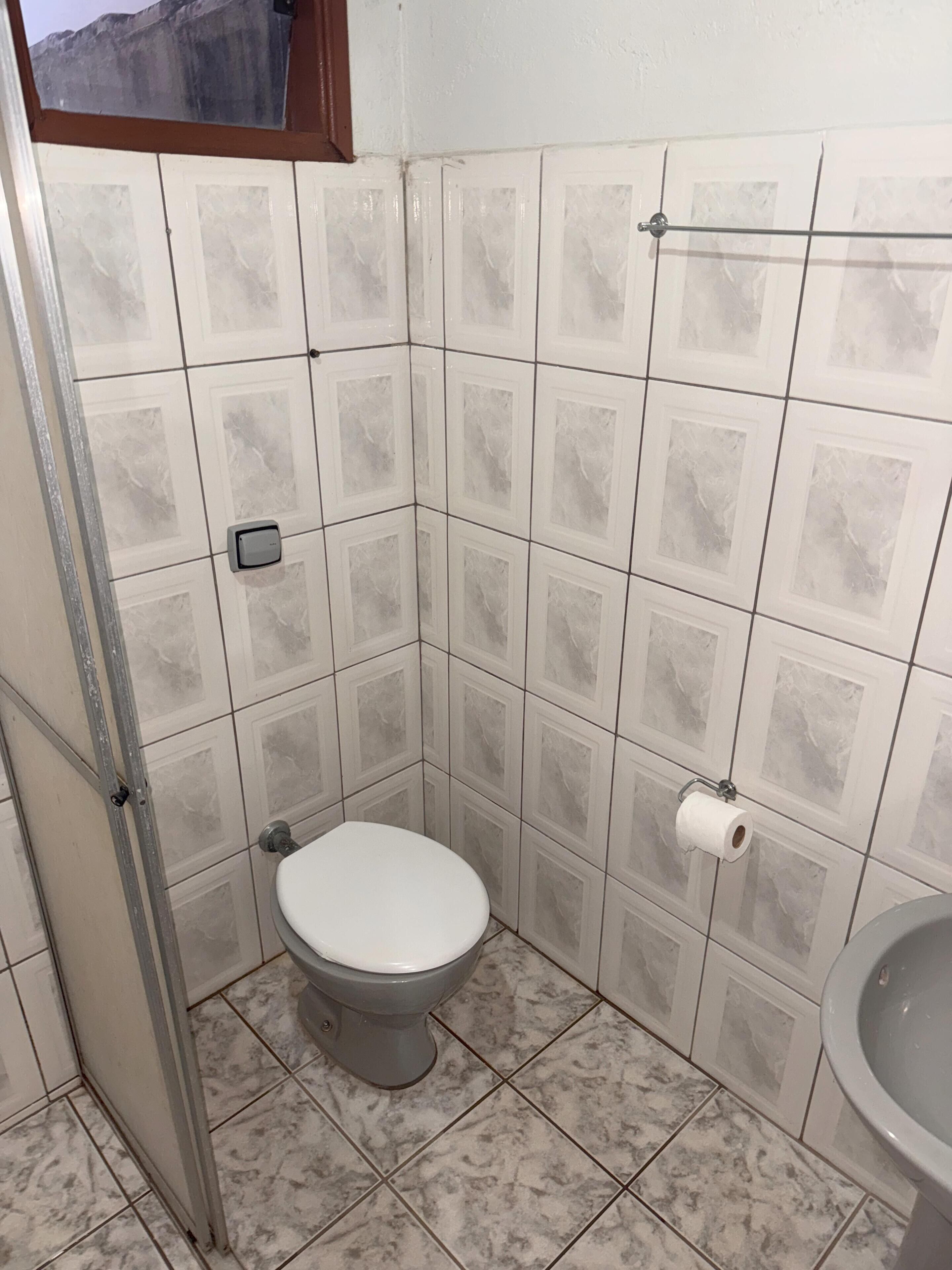 Un baño pequeño con inodoro, ducha y lavamanos.