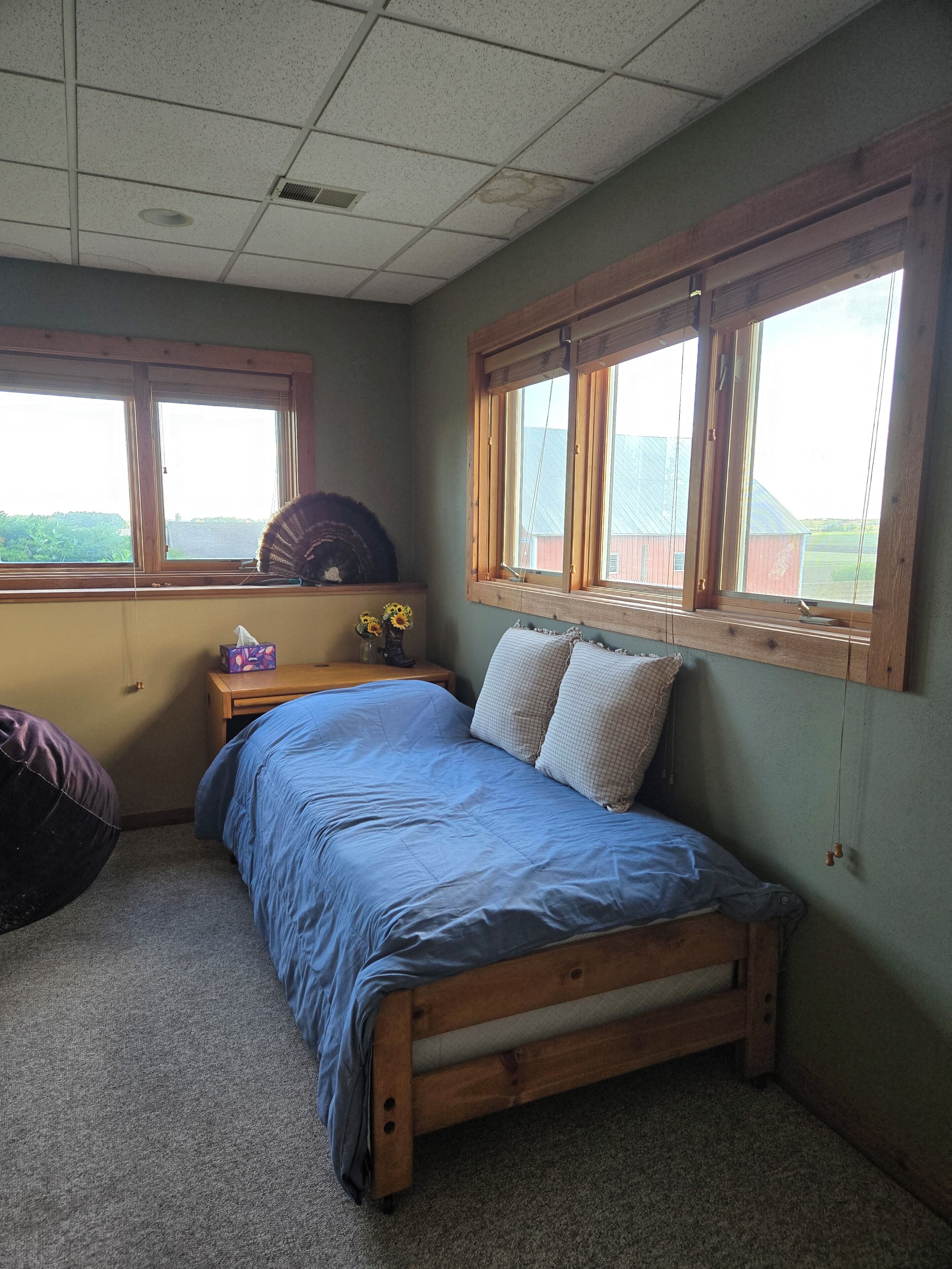 A bedroom with a wooden bed, two windows, a wooden nightstand, and a small chair.