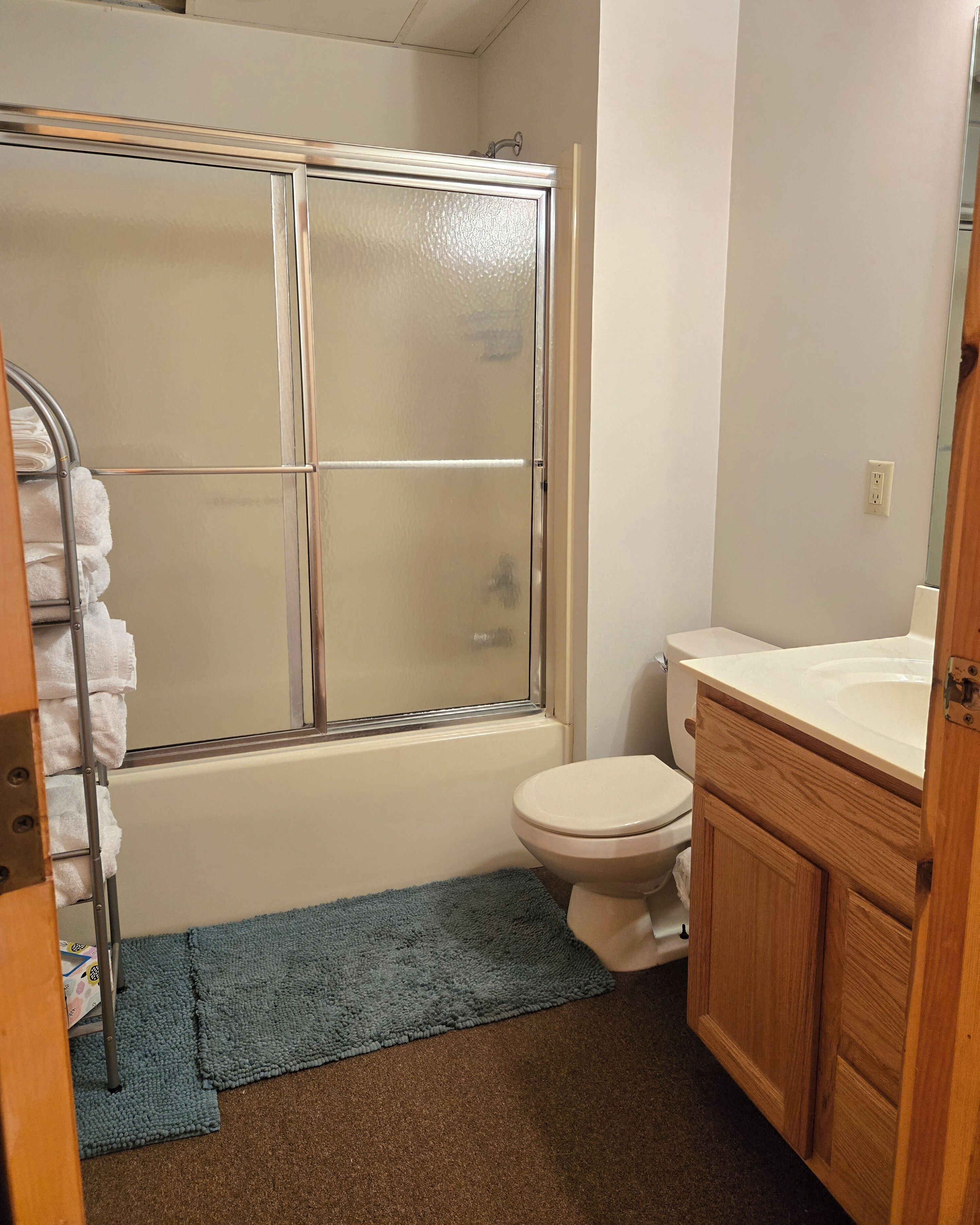 Une salle de bain avec une douche à parois de verre, des toilettes et des meubles en bois.