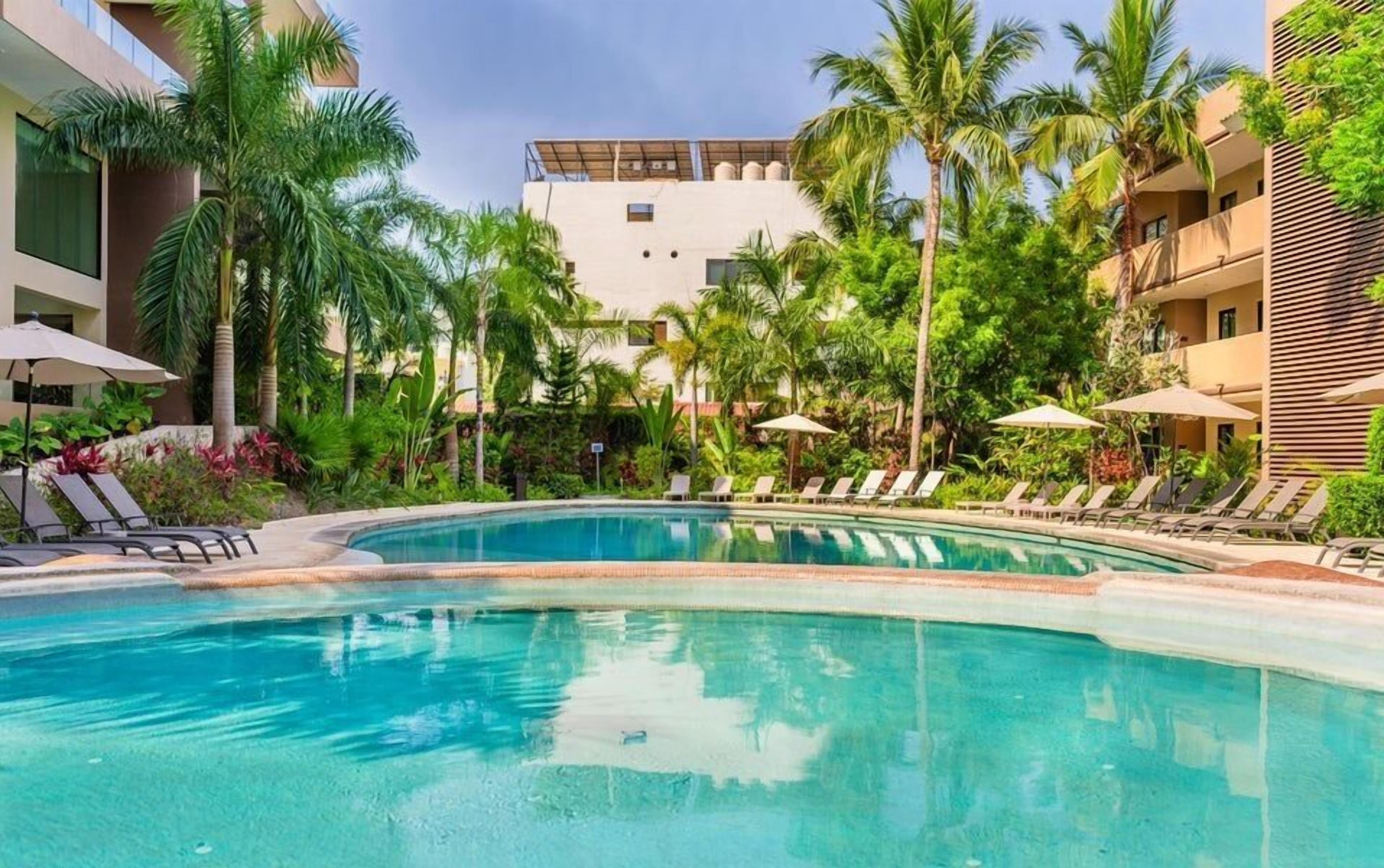 A pool area with lounge chairs and palm trees.