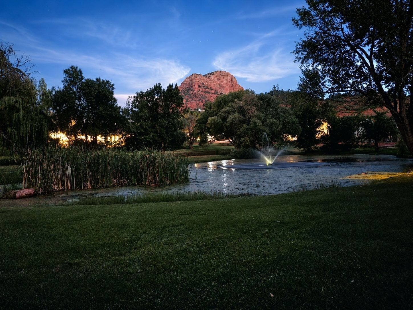 A park with a pond, trees, and a mountain in the background.
