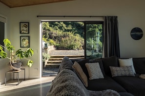 Smart TV, fireplace, books, stereo