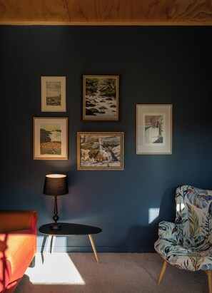 Smart TV, fireplace, books, stereo