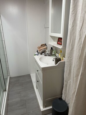 Douche, sèche-cheveux, serviettes fournies, savon