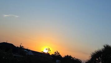 A sunset over a residential area with houses and trees.