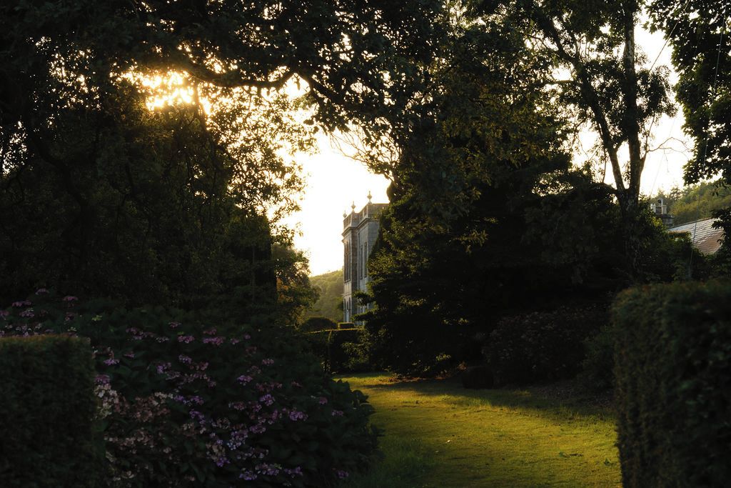 Un jardín con un sendero que lleva a un edificio con una torre, rodeado de árboles y arbustos.