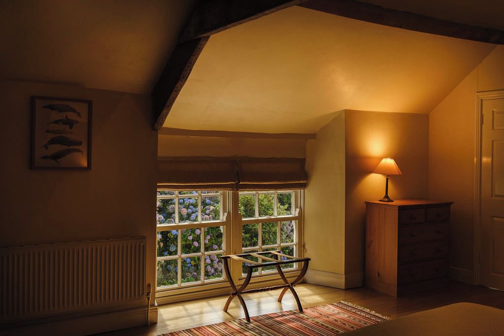 Une pièce avec une fenêtre, un radiateur, une lampe et une chaise.