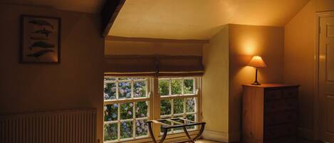A room with a window, a radiator, a lamp, and a chair.