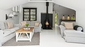 Una sala de estar moderna estilo loft con chimenea, dos sofás, una mesa de centro y un armario.