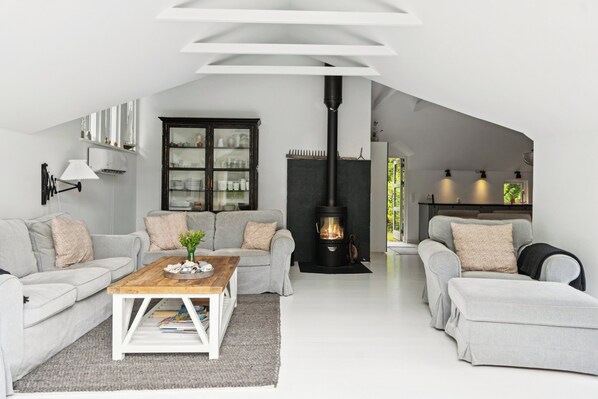 Un salon moderne de style industriel, avec une cheminée, deux canapés, une table basse et un meuble.