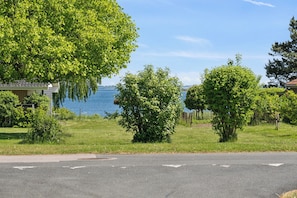 Une rue résidentielle avec une maison, des arbres et un plan d’eau en arrière-plan.