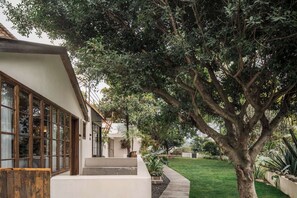 Une maison moderne avec de grandes fenêtres, une pelouse bien entretenue et un arbre au premier plan.
