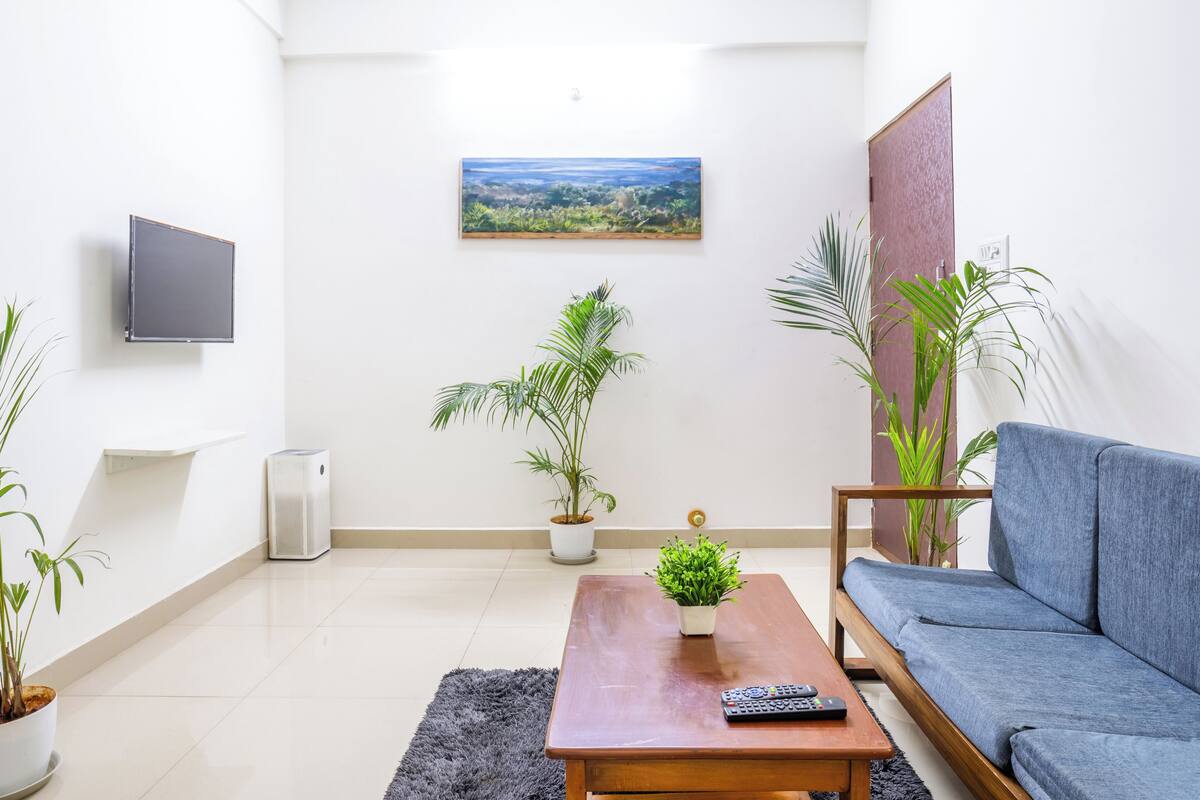 Ein Wohnzimmer mit einer Couch, einem Couchtisch, einem an der Wand befestigten Fernseher und mehreren Blumentöpfen.