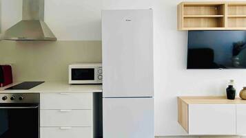 Frigorífico, microondas, horno y placa de cocina