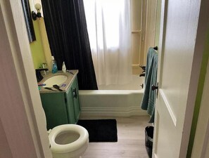 Hair dryer, towels, soap, shampoo