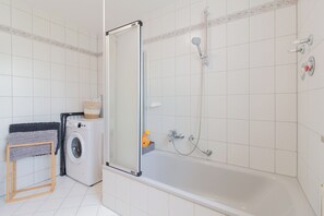 Hair dryer, towels, soap, shampoo