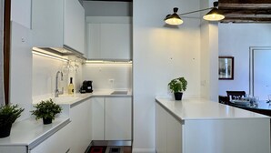 A modern kitchen with white cabinetry, a built-in oven, a sink, and a countertop with a potted plant. - Ca' Angelica Canal View (Venecia)