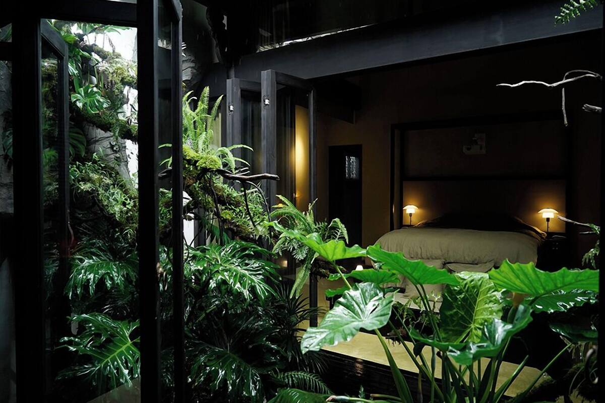 A bedroom with a bed, bedside table, lamp, and a large window overlooking a lush indoor garden.