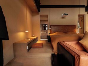 Desk, laptop workspace, blackout curtains, iron/ironing board