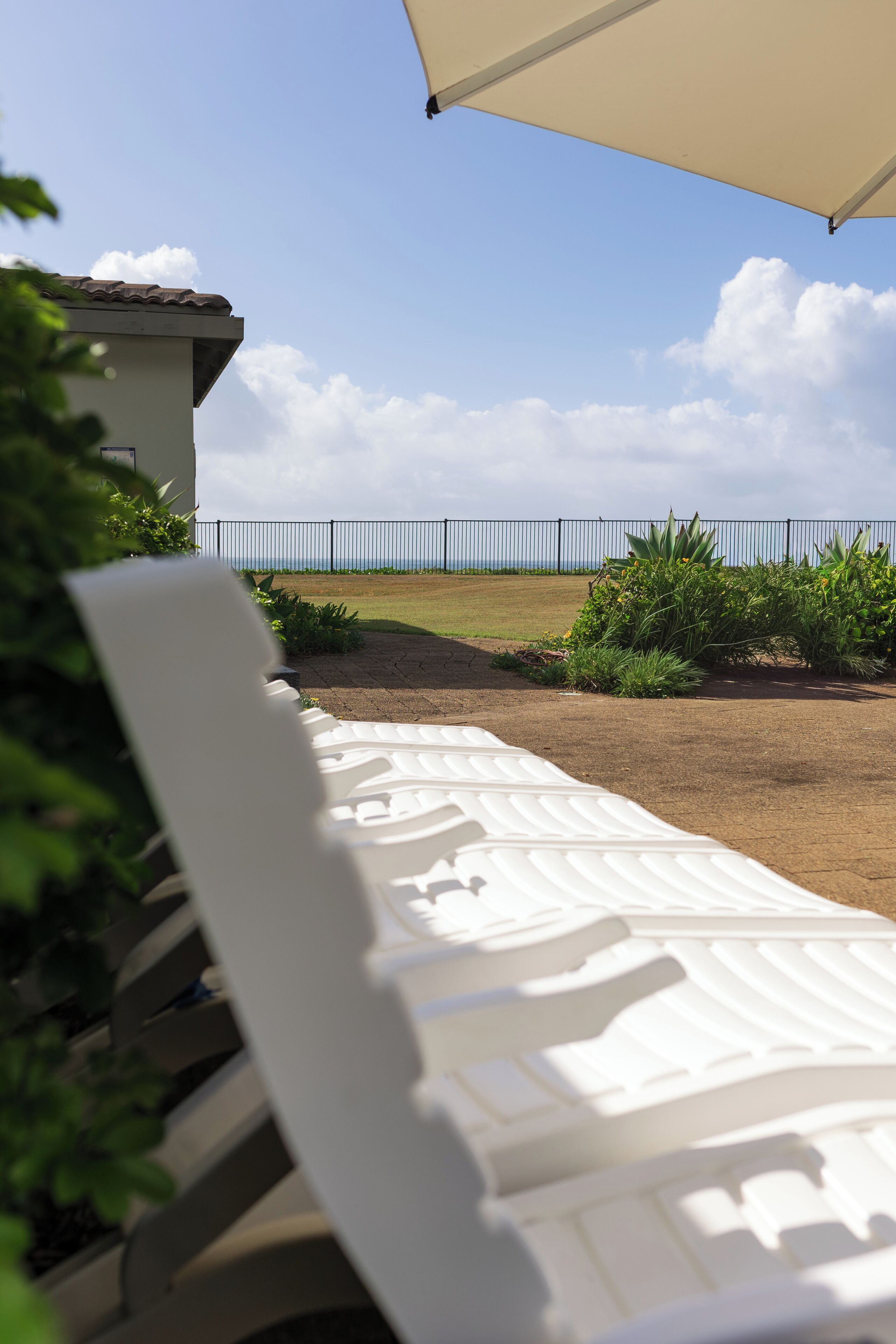 Una silla lounge blanca bajo una pérgola, un área con césped y una valla al fondo.