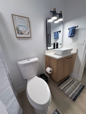 A bathroom with a toilet, sink, mirror, and a framed picture on the wall. - Cozy 3BR, 2 BAT Near the World Equestrian Center. (Ocala)