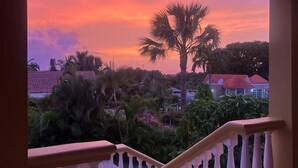 A balcony with a view of a sunset, palm trees, and houses with red roofs.