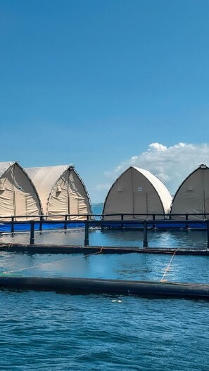 A series of tents on a dock over water. - Floating Home in Reef Resort Unit 5 (Samal)