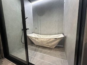 Combined shower/tub, free toiletries, hair dryer, towels