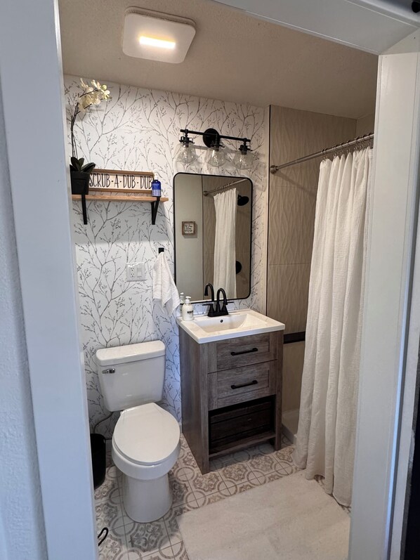 Hair dryer, towels, soap, shampoo