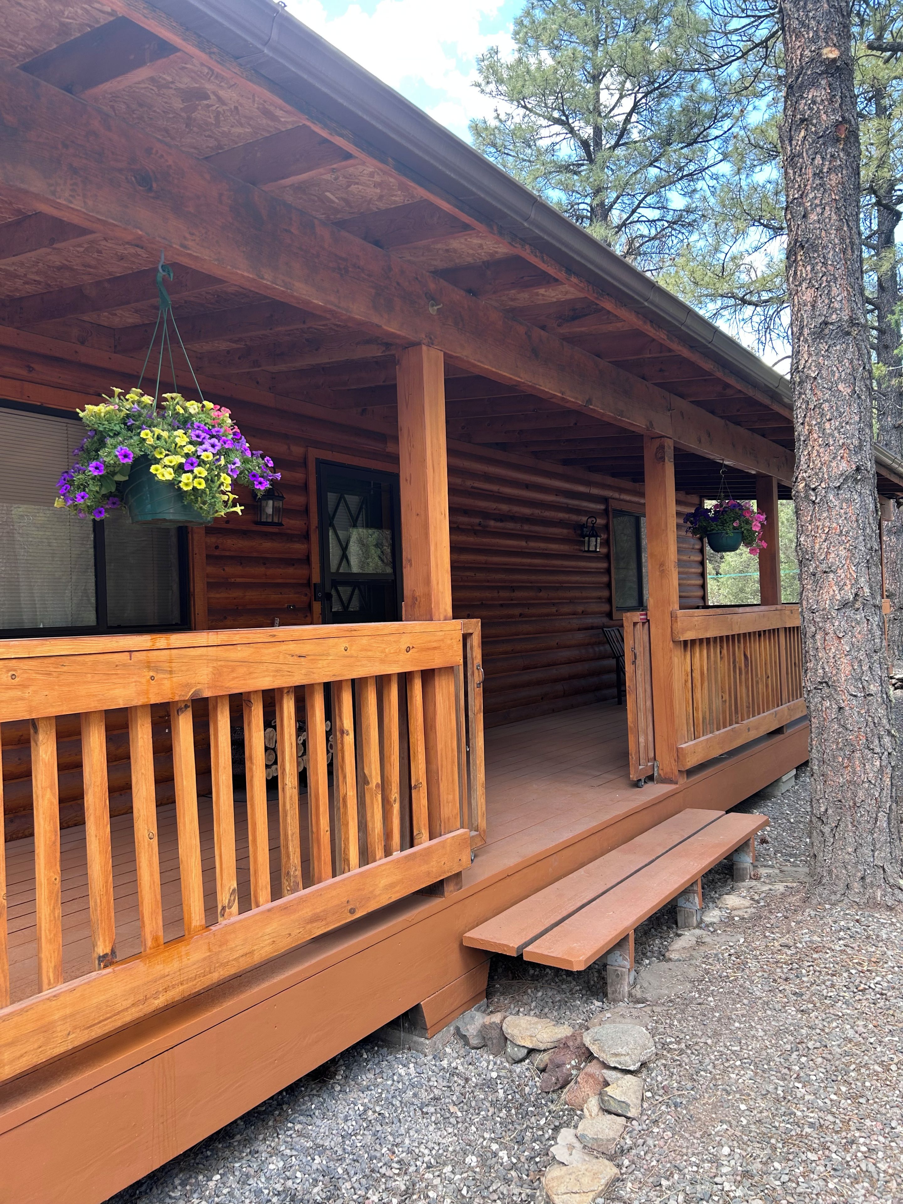 A wooden cabin with a porch, stone steps, and hanging flower baskets.