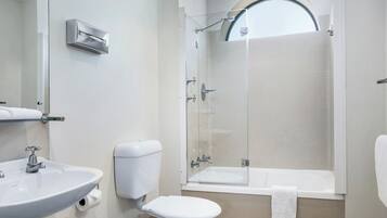 Hair dryer, towels, soap, toilet paper