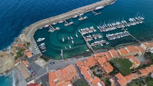 An aerial view of a marina with boats docked, a breakwater, and surrounding buildings with red-tiled roofs. - BILOCALE ACQUAMARINA - BILOCALE ACQUAMARINA (Marciana Marina)