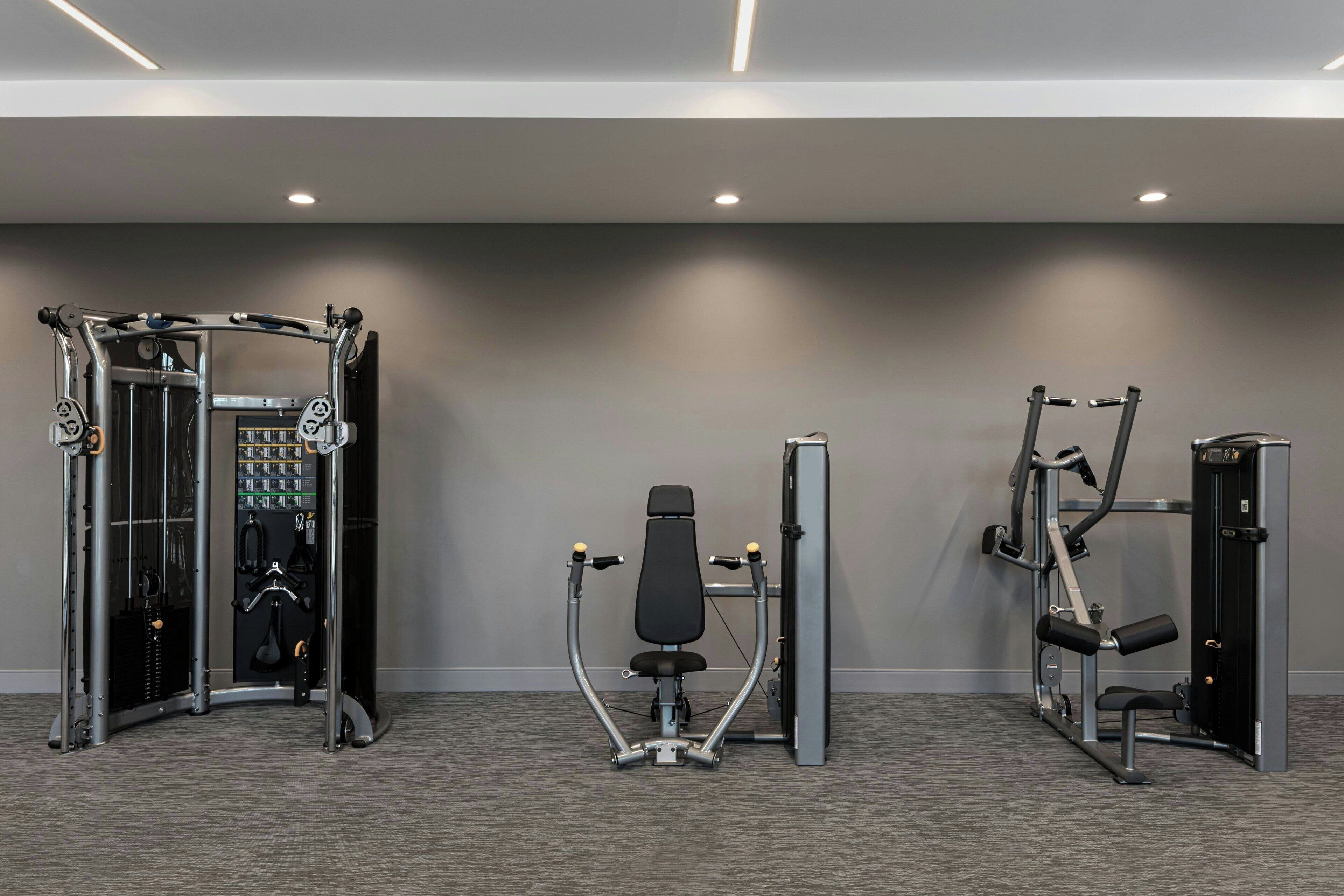 A gym with various exercise machines, including a squat rack and a bench press.