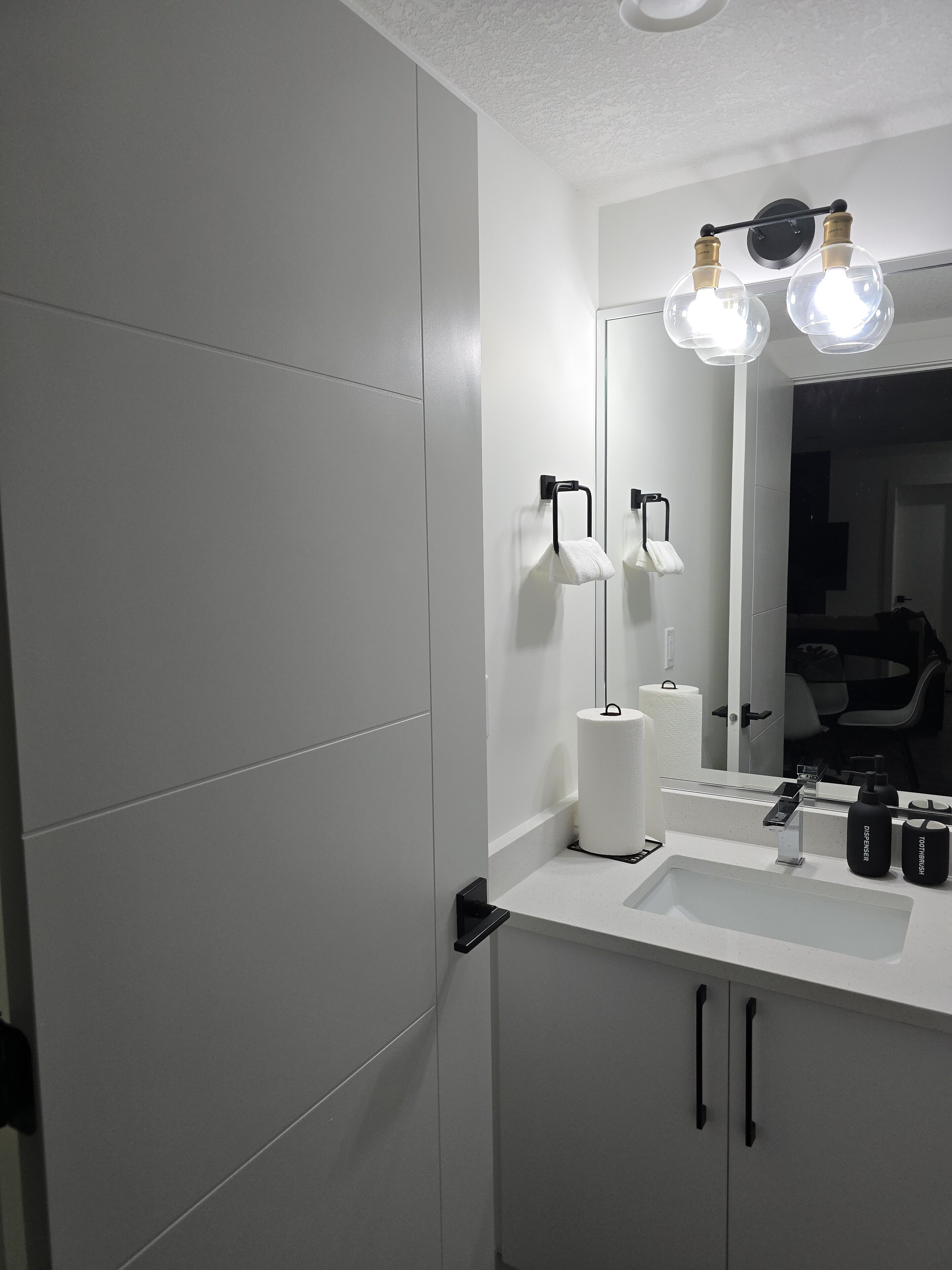Hair dryer, towels, soap, shampoo