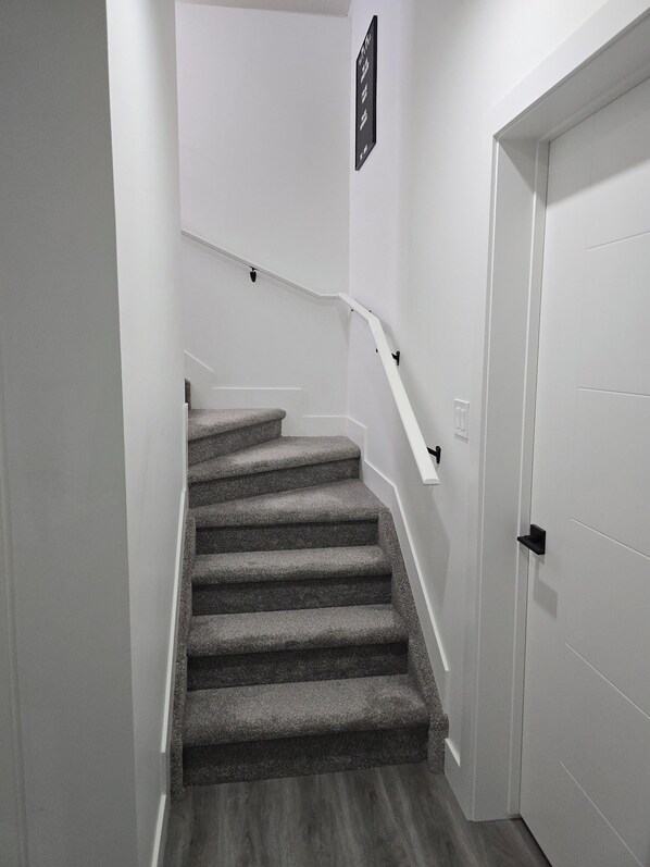Un escalier dont les marches sont recouvertes de moquette, avec des murs blancs et une porte blanche.