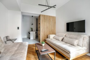 Apartment, 2 Bedrooms, Kitchen, City View | Living room | 50-inch Smart TV with digital channels, streaming services - Belmont - 2 Bedroom Apartment in Athens (Athens)