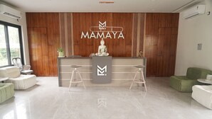Zona de recepción con pared de madera, una estatua de Buda y mostrador de recepción.