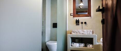 A bathroom with a toilet, a shower, a sink with a mirror above it, and a towel rack.