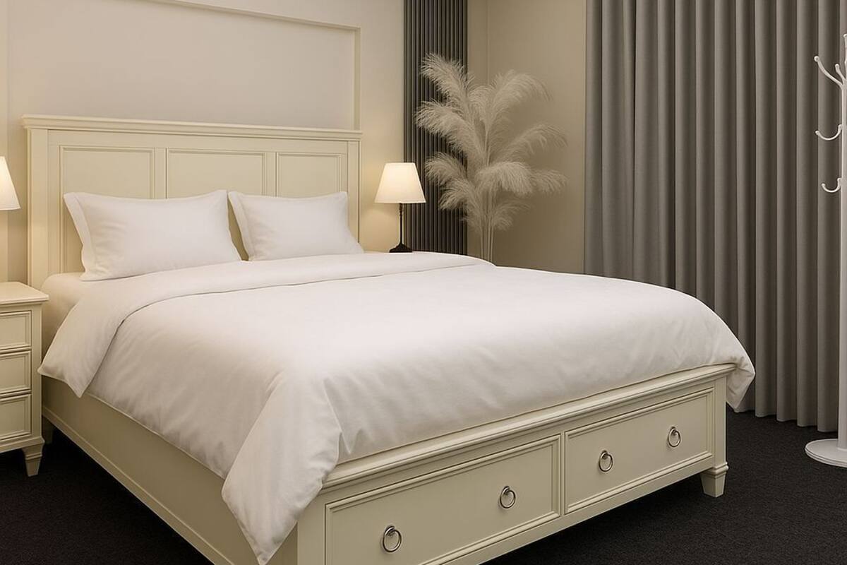 A neatly made bed with white linens, a bedside table with a lamp, and a tall plant beside the window.