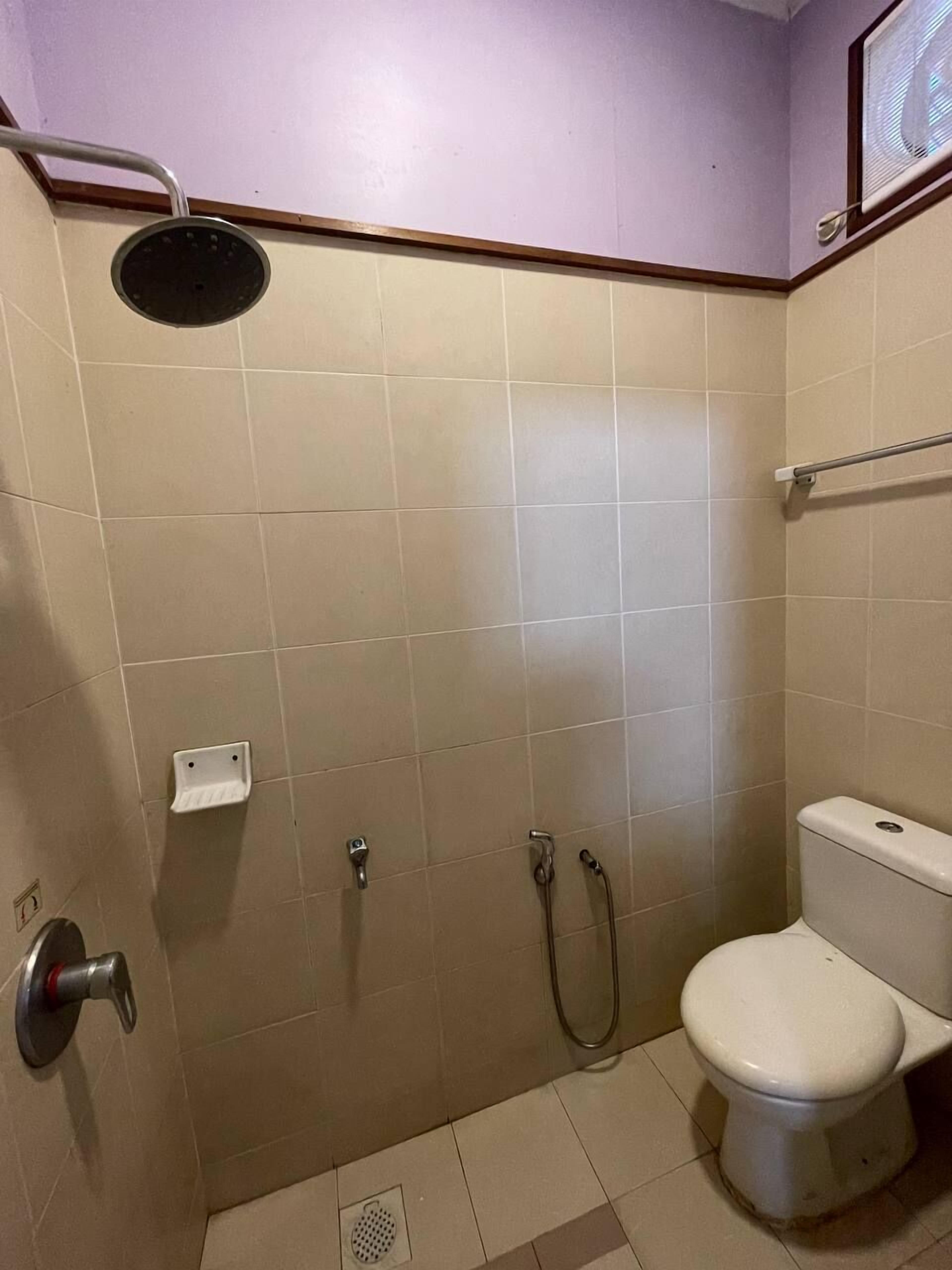 A small, tiled bathroom with a shower, toilet, and a handrail.