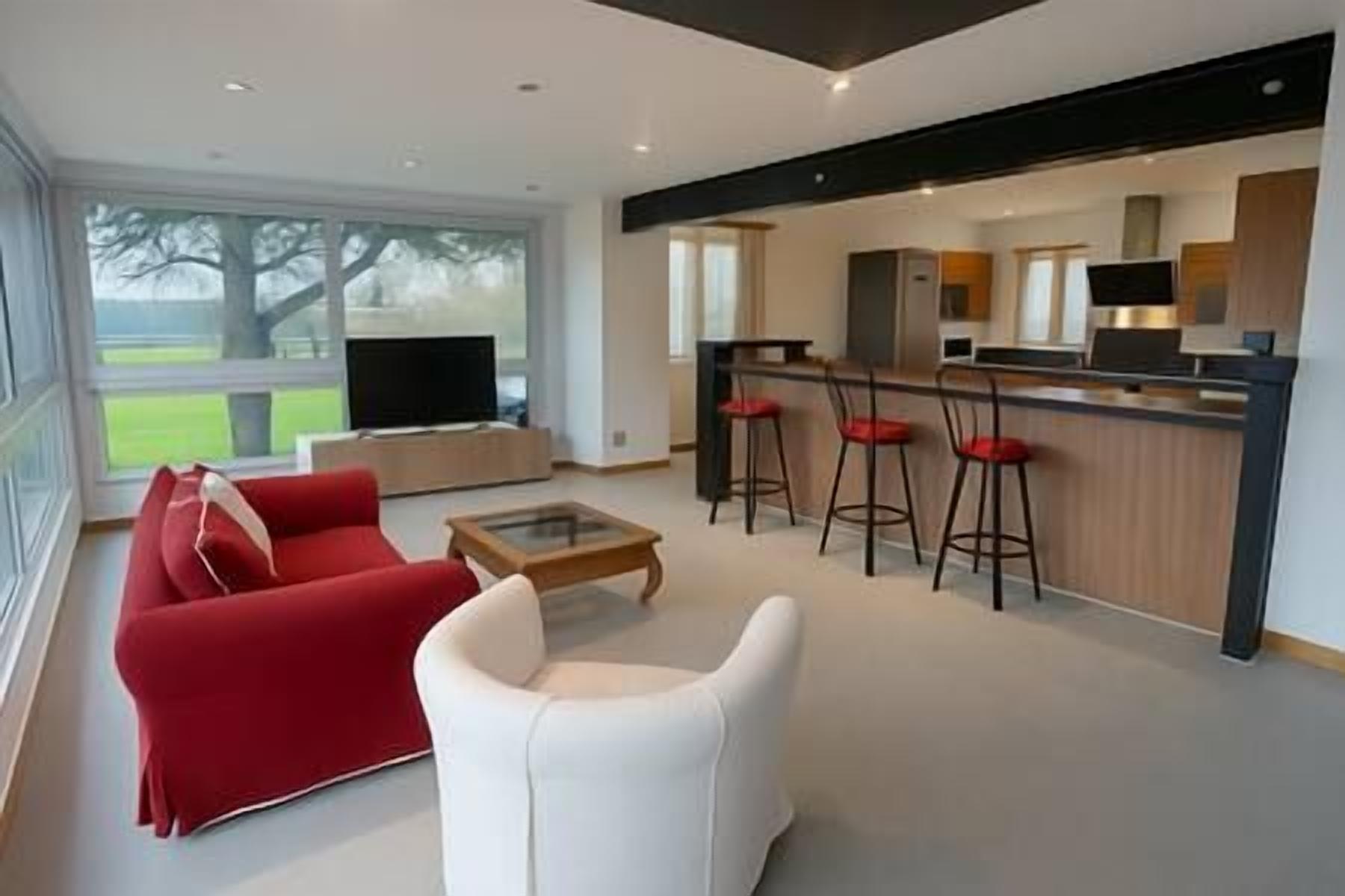 Un salon moderne avec un canapé rouge, un fauteuil blanc et une table basse en verre. Il y a également un coin cuisine avec un bar et des tabourets.
